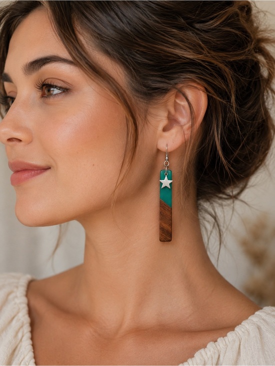Hand Crafted Jewelry - Green and Wood Bar Star Dangle Earrings